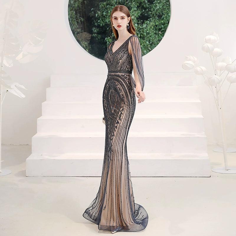 Women's Mermaid Evening Dress Long  Prom Dresses Beaded V-Neck Formal Dresses
