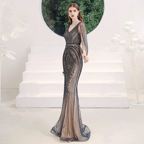 Robe de soirée sirène longue pour femme, robe de bal perlée à col en V 
