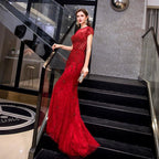Robe de soirée sirène sexy en dentelle pour femme, tenue de bal avec perles 