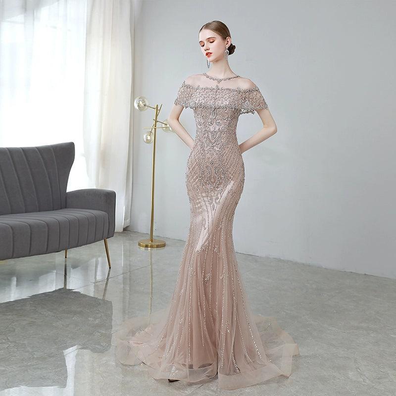 Robe de soirée longue sirène pour femme, robe de bal perlée 