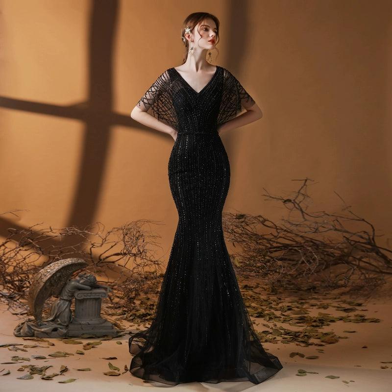 Vestido de noche de sirena para mujer, vestido de fiesta largo con cuentas y escote en V, vestido formal para mujer 