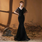 Vestido de noche de sirena para mujer, vestido de fiesta largo con cuentas y escote en V, vestido formal para mujer 