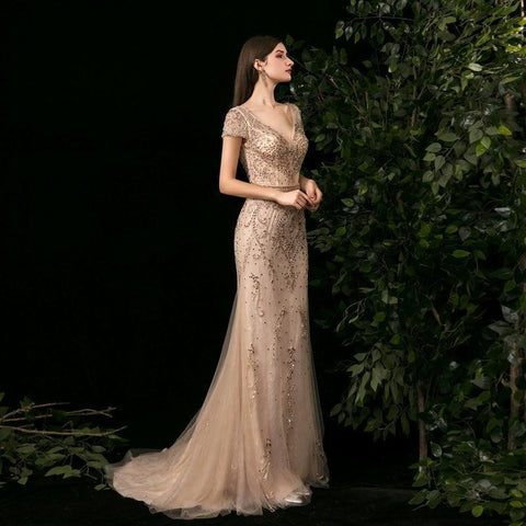 Vestido de noche de sirena para mujer, vestido largo de fiesta con escote en V y vestido formal con cuentas 