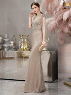 Vestido de noche de sirena para mujer, vestido de fiesta sexy para mujer, vestido largo formal con cuentas, sin mangas 