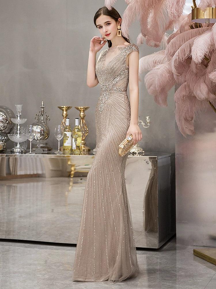 Vestido de noche de sirena para mujer, vestido de fiesta sexy para mujer, vestido largo formal con cuentas, sin mangas 