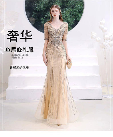 Vestido de noche de sirena para mujer, vestido largo de fiesta con escote en V y vestido formal con cuentas 