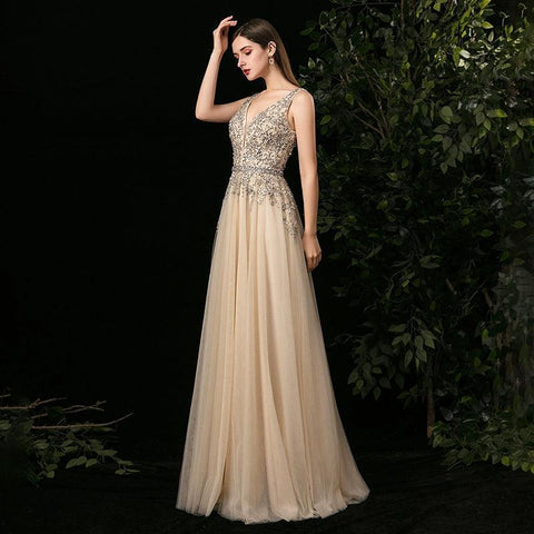 Women's A-Line Evening Dress Sexy Prom Dresses Sleeveless Beaded V-Neck Formal Dresses