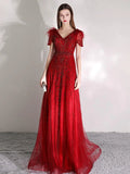 Women's A-Line Prom Dresses Long Evening Dress Beaded V-Neck Formal Dresses for Women
