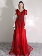 Women's A-Line Prom Dresses Long Evening Dress Beaded V-Neck Formal Dresses for Women