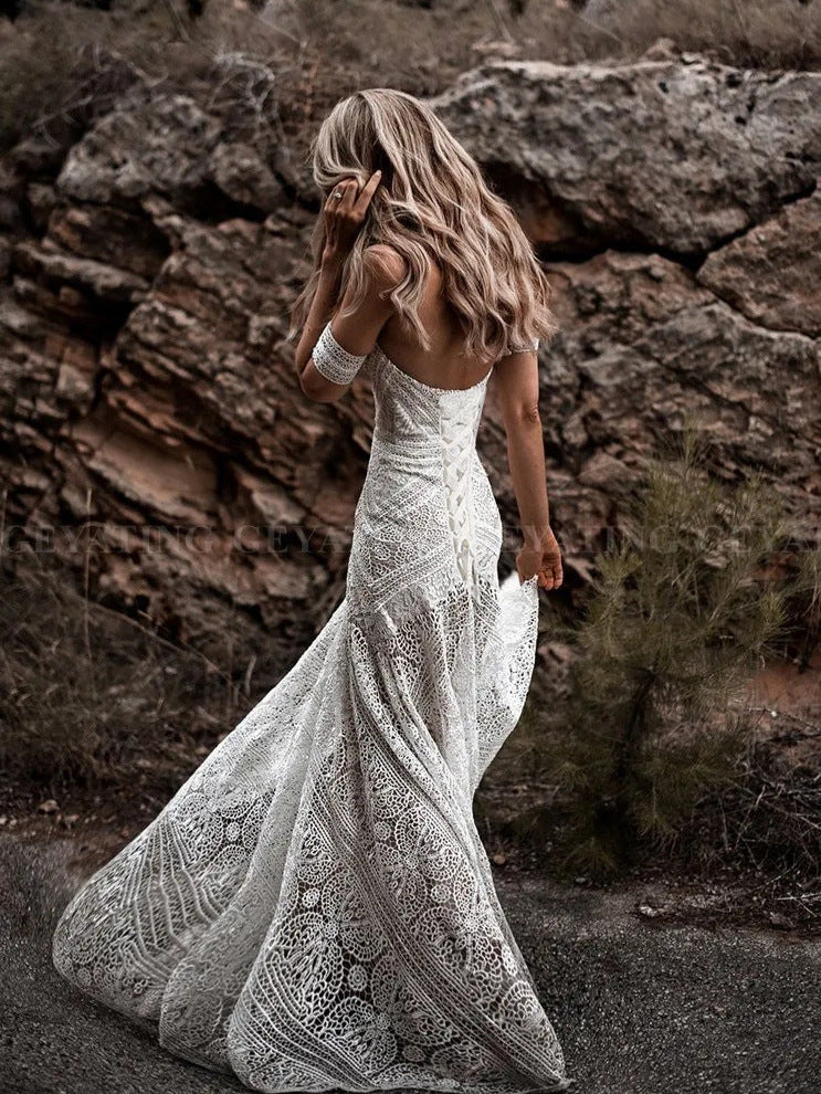 Robe de mariée sirène vintage en dentelle, bustier, robe de soirée formelle.