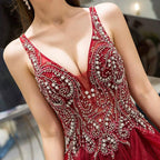 Robe de soirée trapèze sexy à col en V pour femme, tenue de bal ornée de perles 