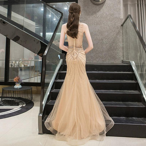 Vestido de noche de sirena para mujer, vestido de fiesta sexy con cuentas, sin mangas, vestido largo formal 