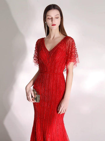 Robe de soirée sirène longue et sexy pour femme, tenue de bal avec perles et col en V 