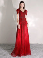Women's A-Line Prom Dresses Long Evening Dress Beaded V-Neck Formal Dresses for Women