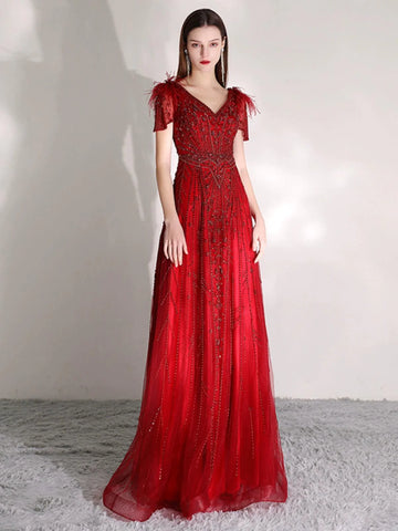 Robe de soirée longue trapèze à col en V et perles pour femme 