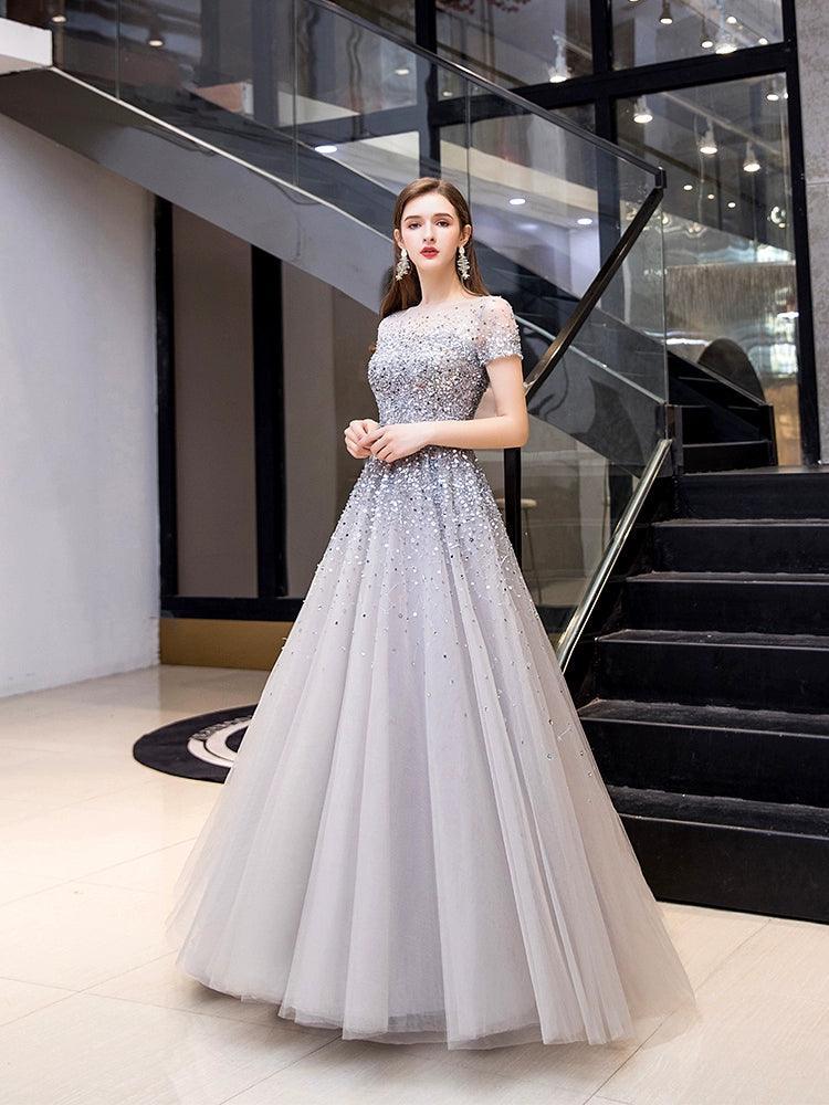 Vestido de noche dorado, elegante y de alta calidad, largo de fiesta. 