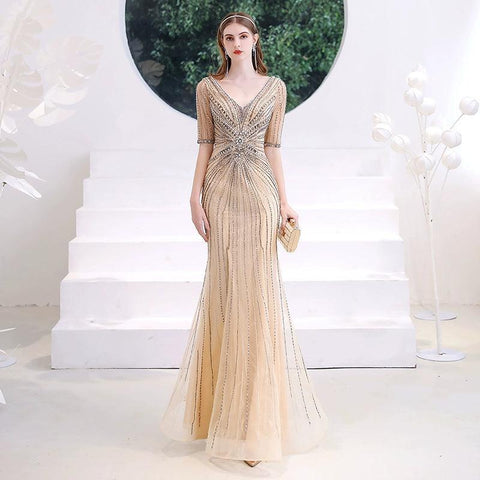 Vestido de noche de sirena para mujer, vestido largo de fiesta con escote en V y vestido formal con cuentas 
