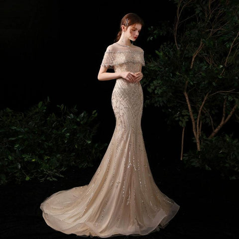 Robe de soirée sirène sexy pour femme, robe de bal longue et élégante avec perles 