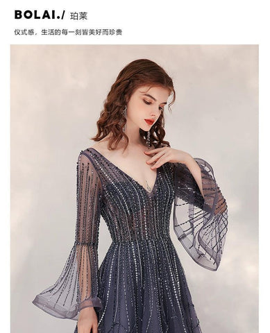 Robe de soirée trapèze sexy pour femme, robe de bal perlée à col en V 