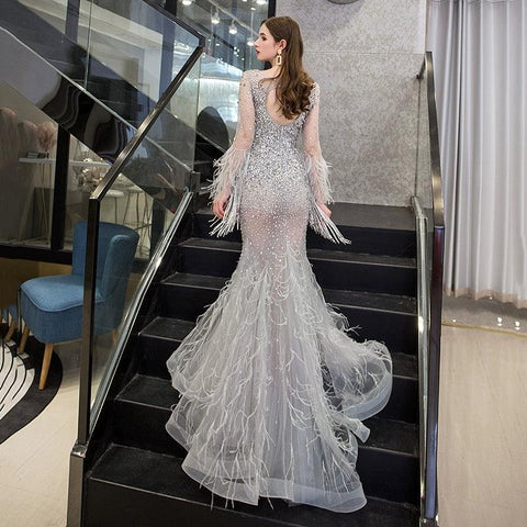 Women's Mermaid Evening Dress Long V-Neck Prom Dresses Beaded Formal Dresses