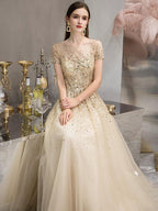 Vestido de noche dorado, elegante y de alta calidad, largo de fiesta. 