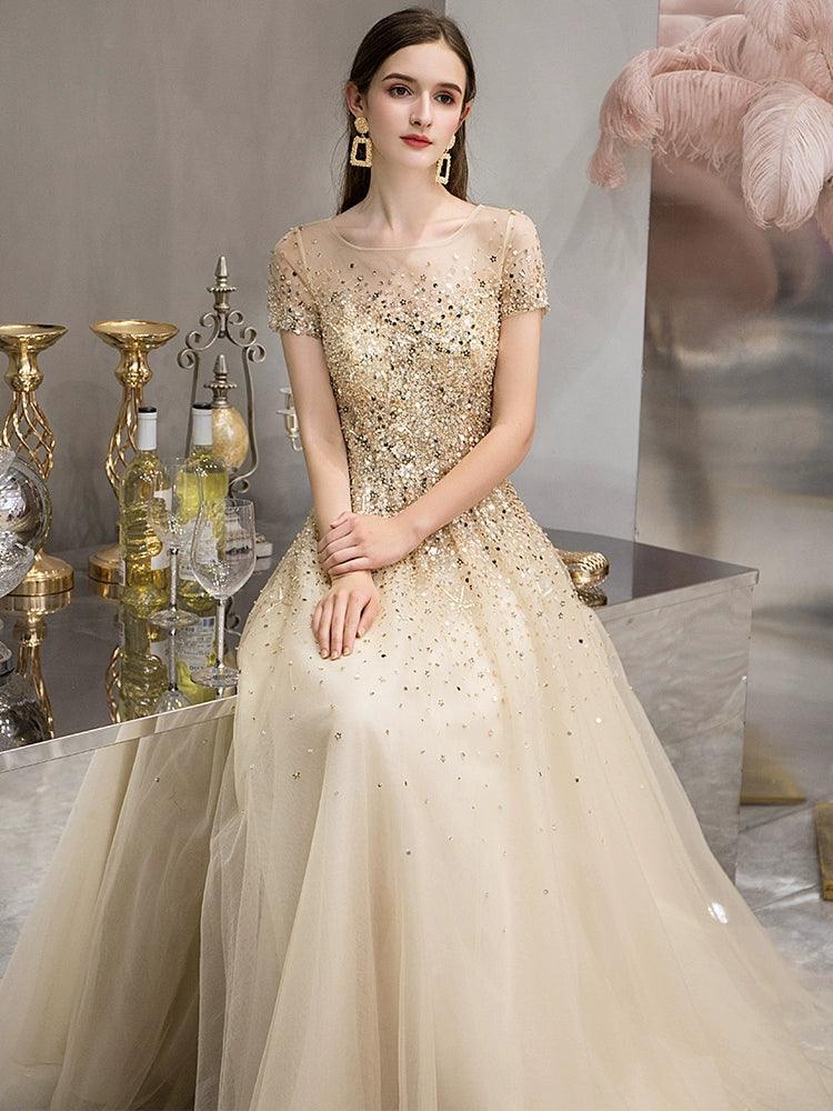 Vestido de noche dorado, elegante y de alta calidad, largo de fiesta. 