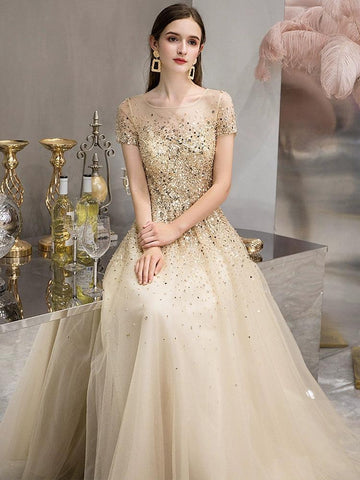 Vestido de noche dorado, elegante y de alta calidad, largo de fiesta. 