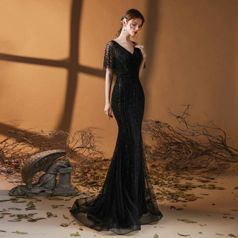 Robe de soirée sirène pour femme, col en V, robe de bal longue perlée 