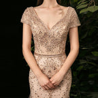 Women's Mermaid Evening Dress Long V-Neck Prom Dresses Beaded Formal Dresses