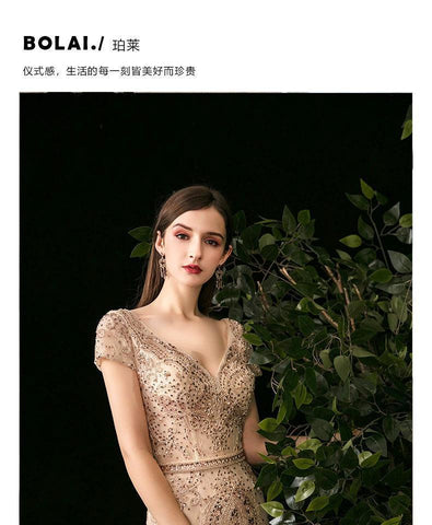 Vestido de noche de sirena para mujer, vestido largo de fiesta con escote en V y vestido formal con cuentas 