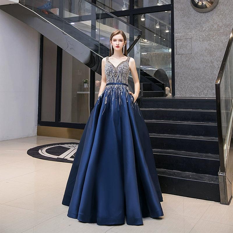 Robe de soirée longue à col en V pour femme, robe de bal perlée 