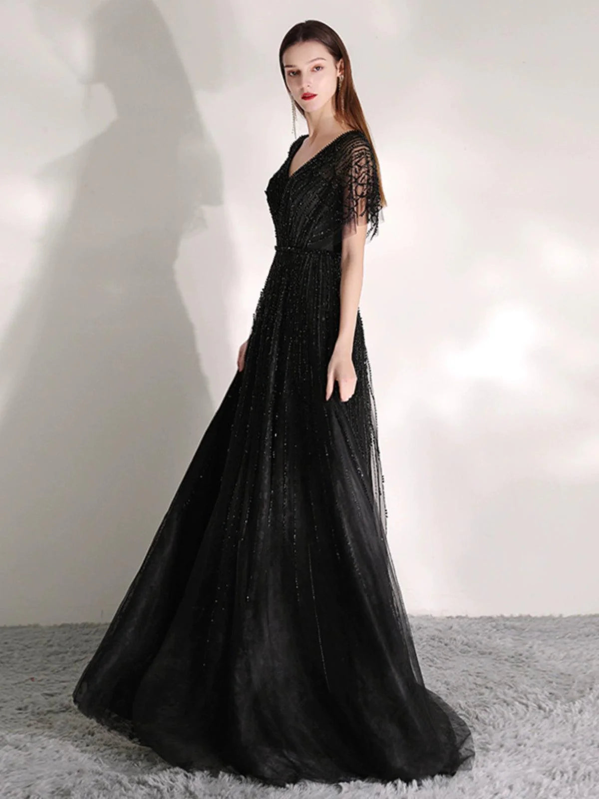 Vestido de noche de corte A para mujer, vestido sexy de graduación, vestido formal con escote en V y cuentas para mujer 