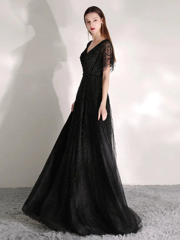 Robe de soirée trapèze sexy pour femme, robe de bal perlée à col en V, robe de soirée élégante pour femme 