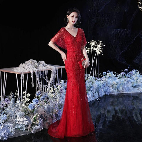 Women's V-Neck Evening Dress Sexy Prom Dresses Beaded Formal Dresses for Women