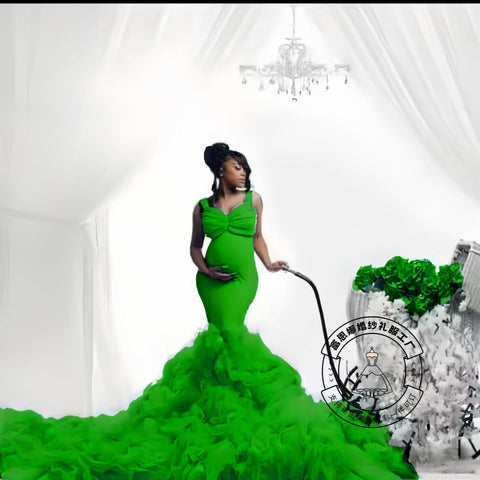 Vestido de maternidad con cintura de tul suave, corte sirena y elástico, ideal para fotos de mujeres embarazadas con barriga grande.