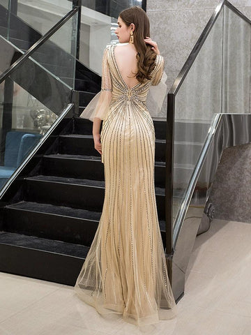 Robe de soirée sirène pour femme, col en V, robe de bal, robe de soirée perlée 