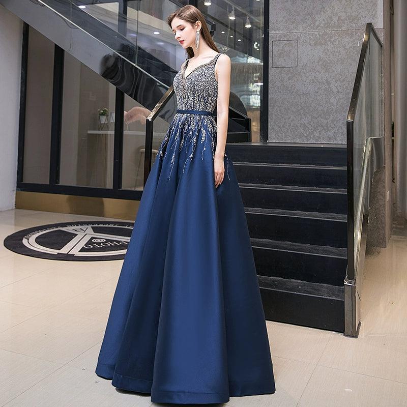 Robe de soirée longue à col en V pour femme, robe de bal perlée 