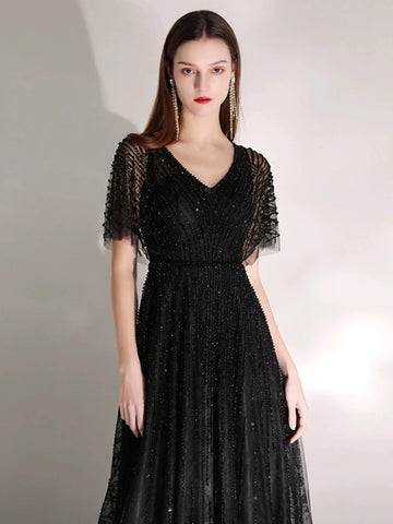 Robe de soirée trapèze sexy pour femme, robe de bal perlée à col en V, robe de soirée élégante pour femme 