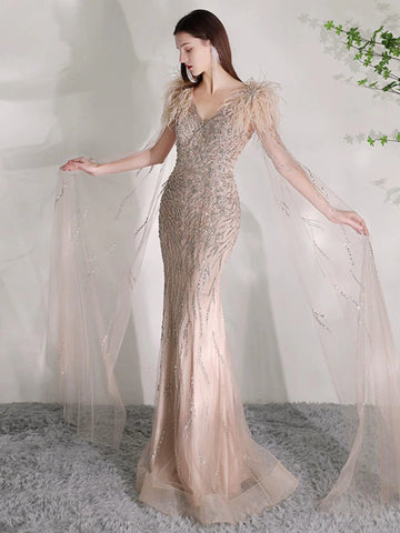 Robe de soirée sirène longue et sexy pour femme, tenue de bal perlée 