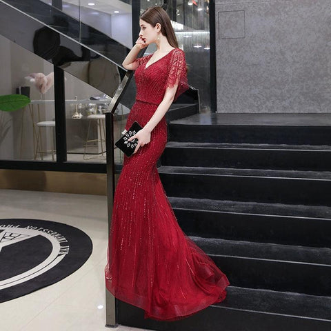 Robe de soirée sirène sexy pour femme, longue, col en V, robe de soirée perlée 