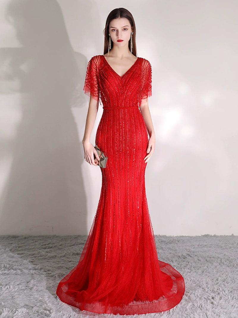 Women's Mermaid Evening Dress Long Sexy Prom Dresses Beaded V-Neck Formal Dresses