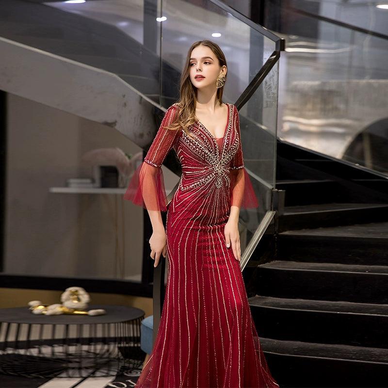Women's Mermaid Evening Dress Long V-Neck Prom Dresses Beaded Formal Dresses