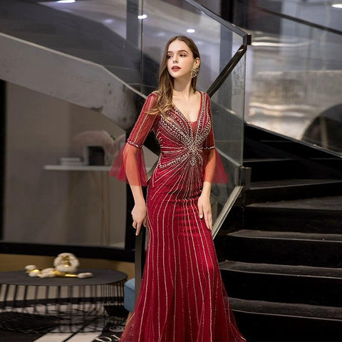 Robe de soirée sirène longue à col en V pour femme, robe de bal perlée 