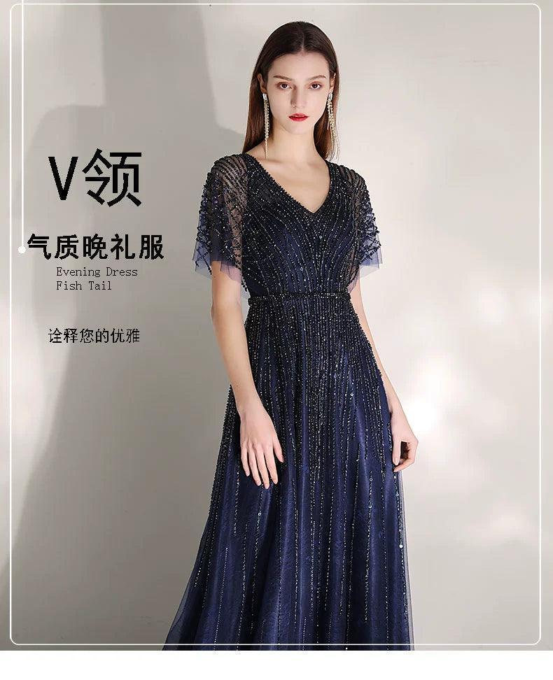 Women's A-Line Evening Dress Beaded Prom Dresses Long V-Neck Formal Dresses for Women