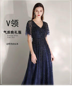 Women's A-Line Evening Dress Beaded Prom Dresses Long V-Neck Formal Dresses for Women