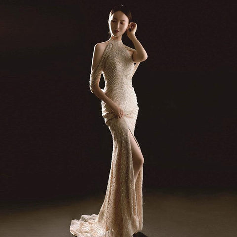 Robe de soirée sirène sexy pour femme, robe de bal longue et élégante ornée de perles 