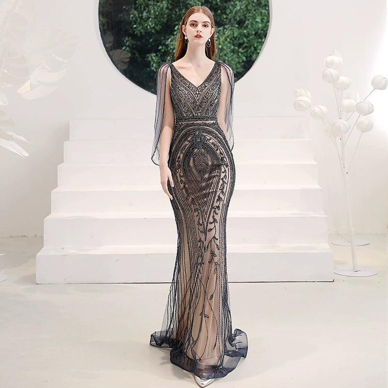Women's Mermaid Evening Dress Long  Prom Dresses Beaded V-Neck Formal Dresses