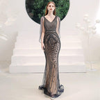 Women's Mermaid Evening Dress Long  Prom Dresses Beaded V-Neck Formal Dresses