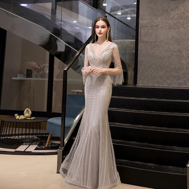 Women's Mermaid Evening Dress V-Neck Prom Dresses Beaded Formal Dresses for Women