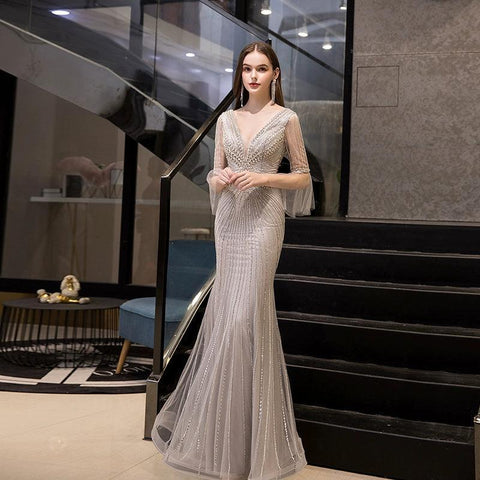 Robe de soirée sirène pour femme, col en V, robe de bal, robe de soirée perlée 